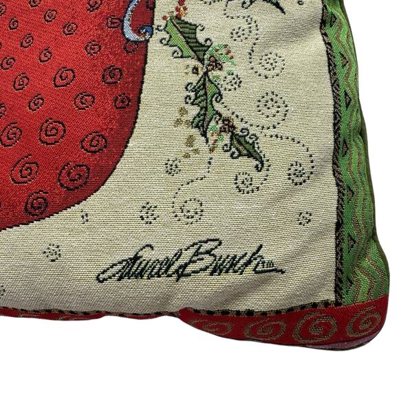 LAUREL BURCH Christmas Stocking Tapestry Decorative Pillow Tan Green Red Cat - Picture 4 of 6